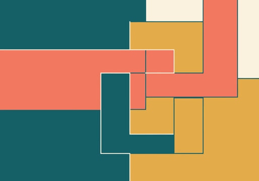 Abstract geometric composition featuring overlapping rectangles and squares in a warm palette of coral yellow and teal colors creating a dynamic visual pattern with subtle shadow effects for