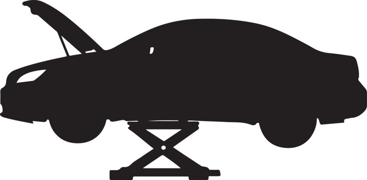 Black silhouette of a car on a jack with hood open also white background