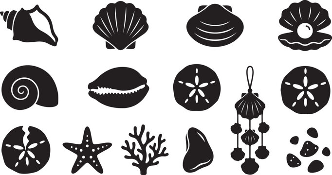Collection of black silhouettes featuring various seashells, a starfish, coral, sand dollars, a pearl in an open oyster, and a hanging shell mobile, isolated on a clean white background