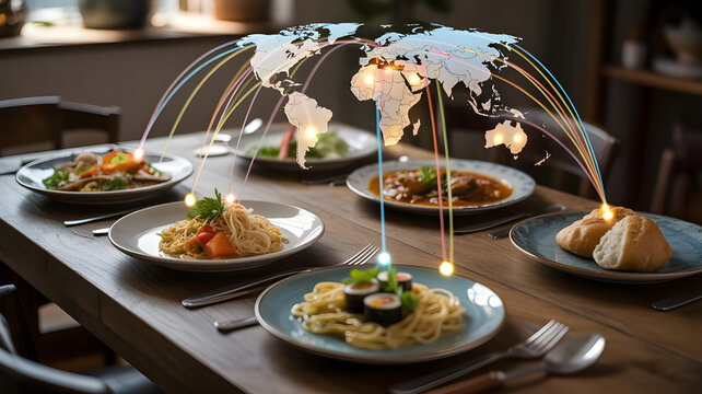 A traditional meal arranged on a table where each dish levitates slightly and connects with glowing threads to its cultural homeland on a map of the world