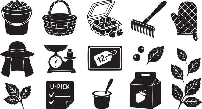 Set of black and white featuring berry picking equipment, farm harvest tools, garden accessories, a sun hat, a scale, a price tag, a carton of berries, and various leaf and fruit silhouettes