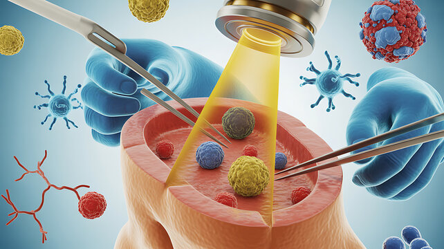 Oncology Medical Science fighting Cancer and malignant tumors with surgical removal or radiation treatment to eliminate cancerous cells as a symbol of Immunology with immunotherapy or chemotherapy. 