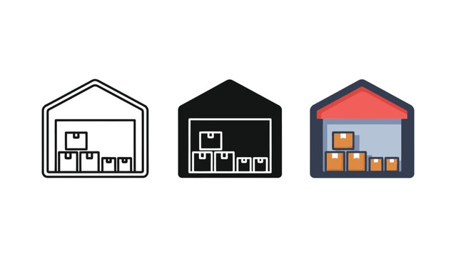 Warehouse storage unit with cardboard boxes vector illustration set