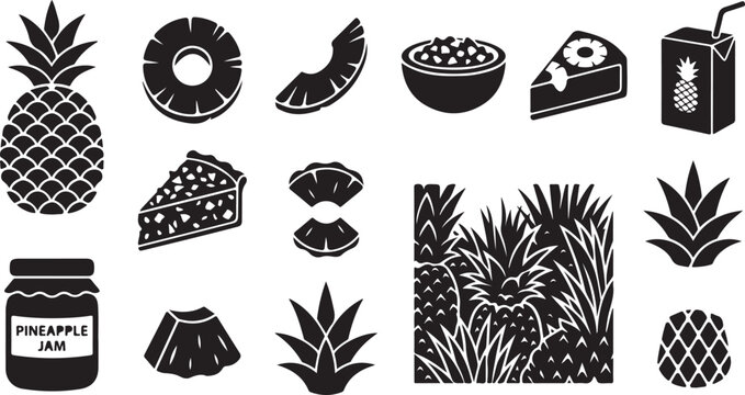 Set of black and white pineapple including whole fruits, sliced rings, wedges, juice carton, cake slice, jam jar, and tropical plant foliage patterns on a white background