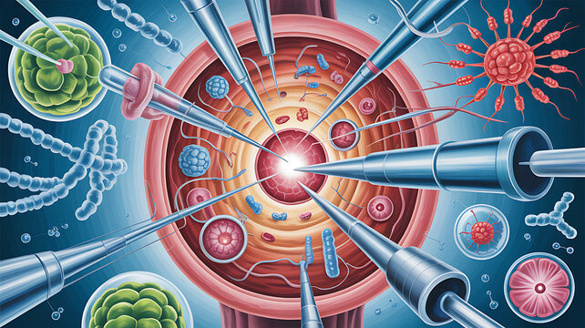 Oncology Medical Science fighting Cancer and malignant tumors with surgical removal or radiation treatment to eliminate cancerous cells as a symbol of Immunology with immunotherapy or chemotherapy. 