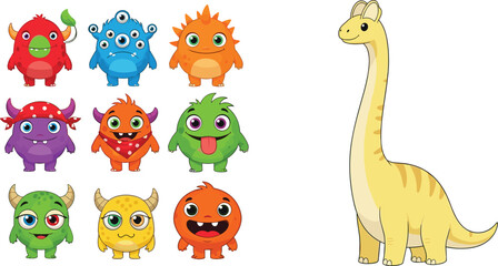 Naklejka premium Cute Cartoon Monster and Dinosaur Set – Colorful Kids Character Clipart Bundle