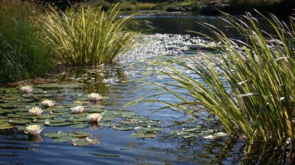 White water lilies on calm waters amidst the reeds provide a serene backdrop for themes of ecology and natural harmony. © COK House