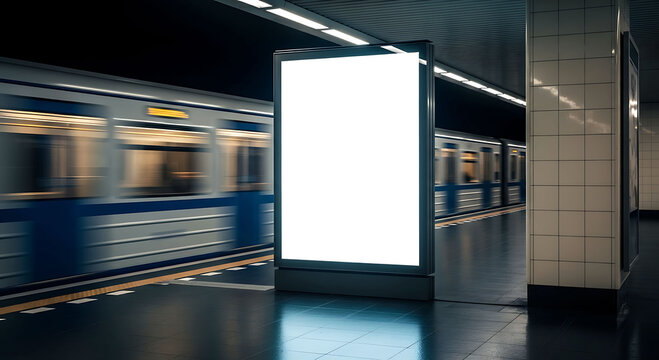 Blank vertical billboard mockup on subway station platform with blurred train
