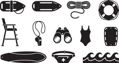 Set of black lifeguard and beach safety featuring rescue buoys, a tall chair, binoculars, a whistle, a swimsuit, a life ring, a surfboard, a rope coil, and stylized ocean waves © MdAbu