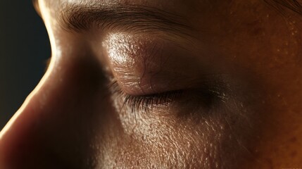 Fototapeta premium A detailed view of a human fetus face at 32 weeks shows closed eyes and skin texture under warm side lighting.