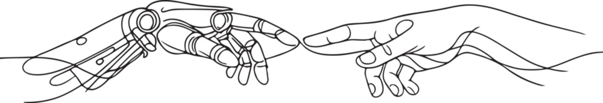  Continuous line art illustration of robot and human hands reaching toward each other depicting artificial intelligence connection for technology design