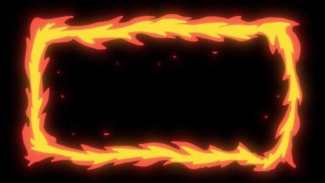 Burning rectangular frame transition on a black background. Stock video with fire for scene changes in 4K.