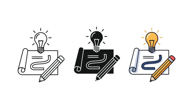 Creative design process icons with lightbulb and pencil vector illustration