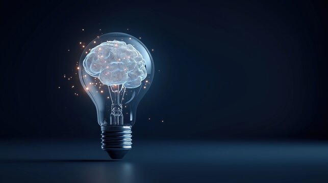 Wireframe glowing human brain inside glass light bulb with sparkling particles on dark background, creative innovation and artificial intelligence technology concept