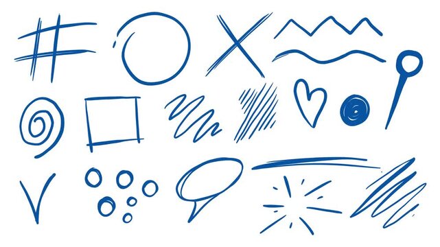 Blue scribbles with rough sketches on a white background. Stock collection of office hand drawn icons for enhancing video. Blue chaotic stroke lines in 4K with alpha channel.