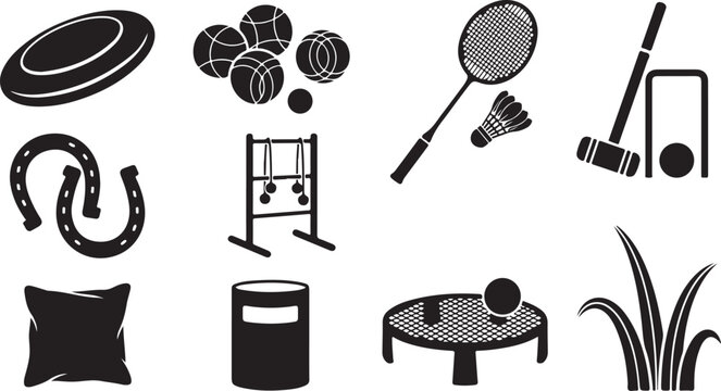 Set of black silhouettes representing outdoor lawn games, including frisbee, bocce balls, badminton racket and shuttlecock, croquet mallet, horseshoes, ladder toss, spikeball, and grass blades