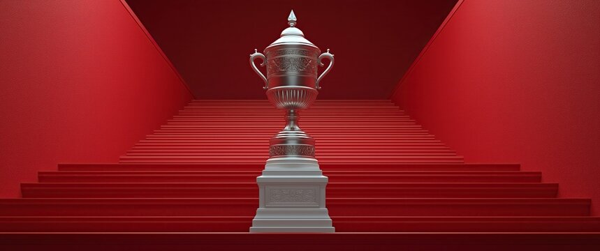 Large ornate silver champion trophy placed on base at front of straight red stairs against solid red wall background for victory and success concept