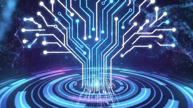 Digital technology tree with circuit board patterns and glowing light