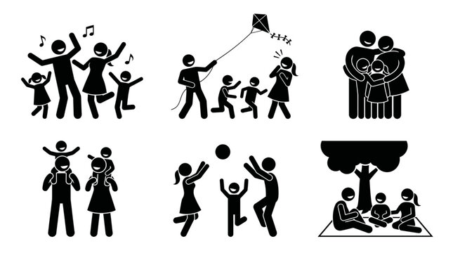 Happy Stick Figure Families Enjoying Activities Together Outdoors