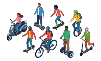 Isometric people using personal transportation and micro mobility © bayu