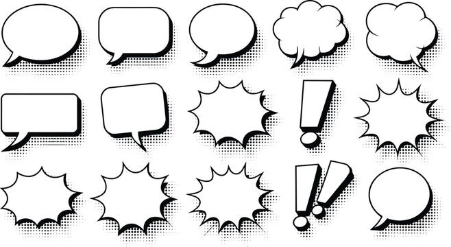 Retro Comic Book Speech Bubble Set with Black Halftone Shadow Blank Dialogue Balloons Clouds Exclamation Marks and Explosion Starburst Elements for Graphic Designs