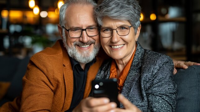 A happy elderly couple taking a selfie on a smartphone &mdash; a heart-warming backdrop to themes of digital literacy, active ageing and family values.
