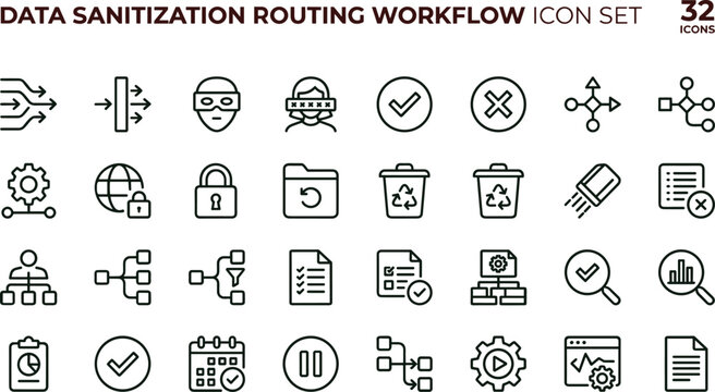 Data Sanitization Routing Workflow Icon Set Featuring Privacy Protection Validation Automation and Secure Information Processing Concepts