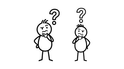 Fototapeta premium Two stick figures pondering with question marks, representing confusion and thought process