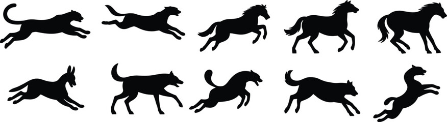 Running Animal Silhouettes Collection with Wild Cats Horses and Dogs in Dynamic Motion Poses Isolated Background © MSTNASRIN