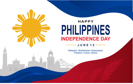 Modern Philippines Independence Day banner template with elegant red blue wave background, golden sun symbol, patriotic flat design illustration for national celebration on June 12.