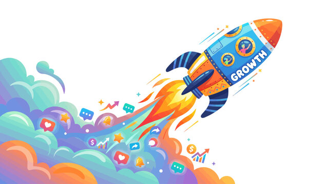Rocket ship accelerating with growth and social media icons