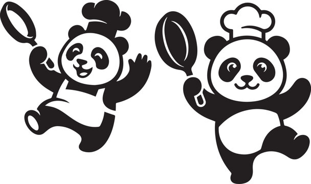 Cute black and white panda waving with cooking hat and spoon