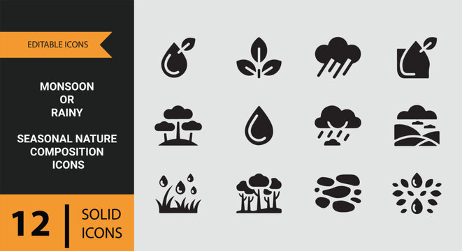 Monsoon Rainy Seasonal Nature Atmospheric Mood Solid Icons Collection