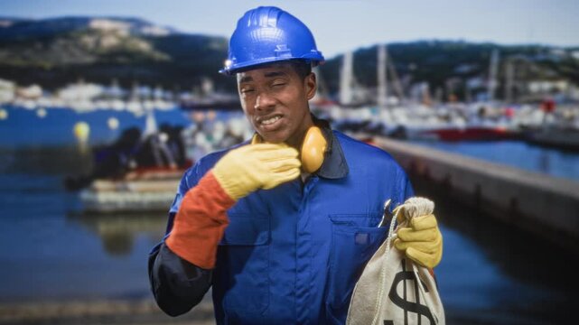 Construction worker man clutching money bag, pressing neck in pain causing neckache in studio; stress.