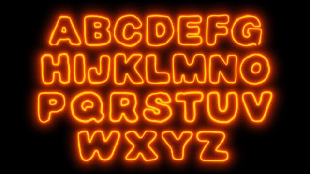 English neon alphabet on a black screen. Glowing pulsating letters in 4K video.