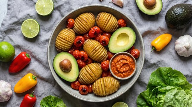 Hasselback potatoes and cherry tomatoes in a bowl with avocados and lime slices on a textured surface
