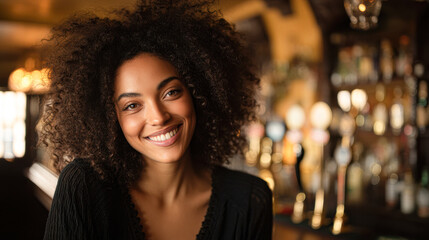 Fototapeta premium A smiling woman with curly hair poses warmly in a cozy, softly lit bar or pub setting with bottles and taps blurred in the background.