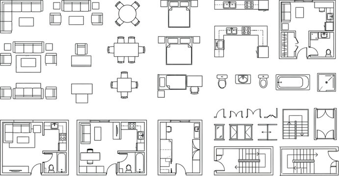 Architectural floor plan symbols and furniture layout modules for interior design and house planning technical vector illustration