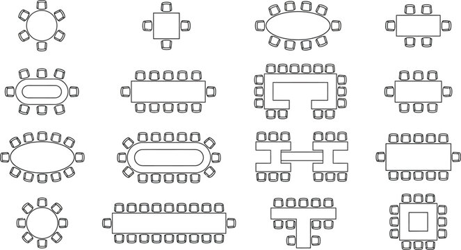 Conference room table and chair layout diagrams for office planning and interior design architectural vector illustration