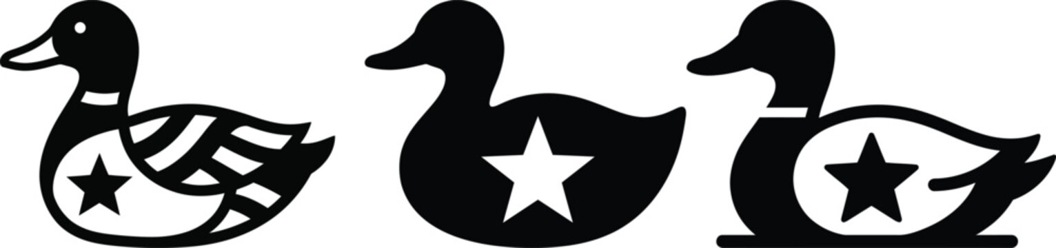 Black silhouettes of ducks with decorative designs on white background