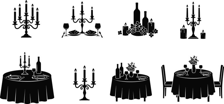 Romantic dining silhouettes with candlelight, wine glasses, and elegant table settings for celebration and fine dining