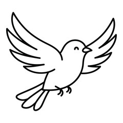 Fototapeta premium A simple, charming black and white line drawing of a bird in mid-flight, wings outstretched, with a cheerful expression, perfect for various design and illustration projects