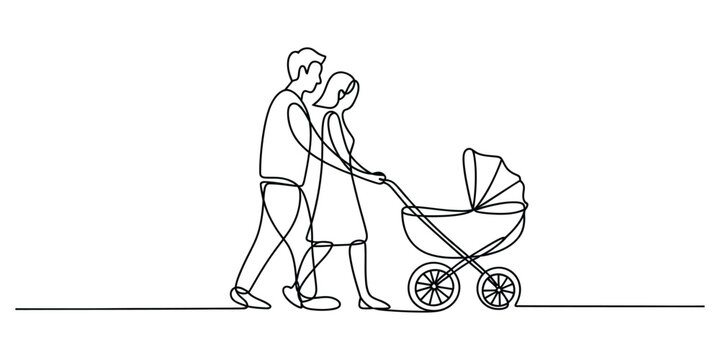 Young couple walking with a baby stroller in continuous line art