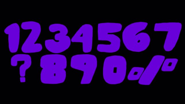 Thick purple numbers trembling on a black background. Animation of mathematical symbols in an artistic style in 4K.