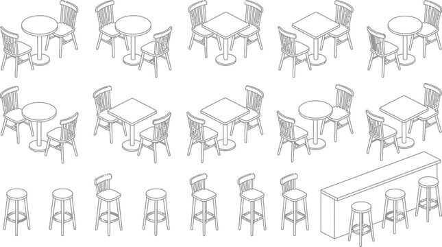 Isometric cafe furniture set with tables chairs and bar stools for restaurant interior floor plan design vector illustration