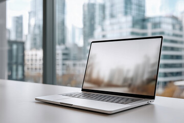 Fototapeta premium Modern laptop on a desk by a large window with a blurred city skyline.