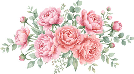 Elegant pink peony flower bouquet with soft green eucalyptus leaves and buds for romantic wedding invitation design © Afsana