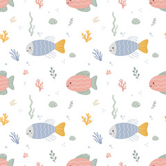 Seamless pattern with tropical sea fish corals and seaweed in pastel colors on white background for marine life and ocean themed textile or wallpaper backgrounds © Jennie