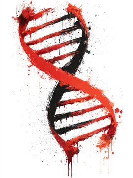 Abstract watercolor DNA double helix in red and black