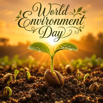 World Environment Day Concept with Small Green Sprout Growing in Fertile Soil at Sunset